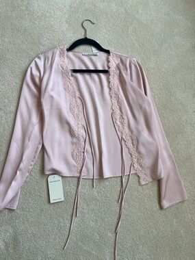 Soft Pink Lace-Trim Open Cardigan